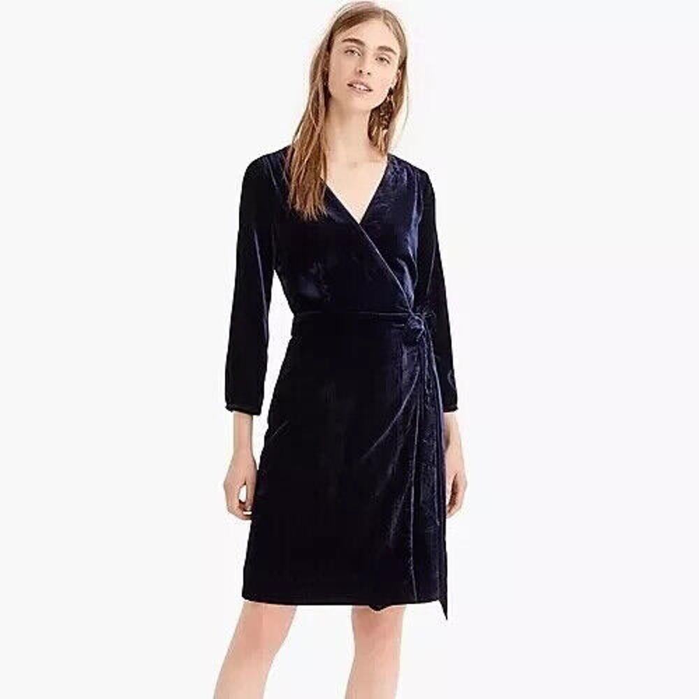 NWT J. Crew Velvet Wrap Dress Long Sleeve Drapy Navy Blue K0145 Women's Size 0 - Picture 1 of 16